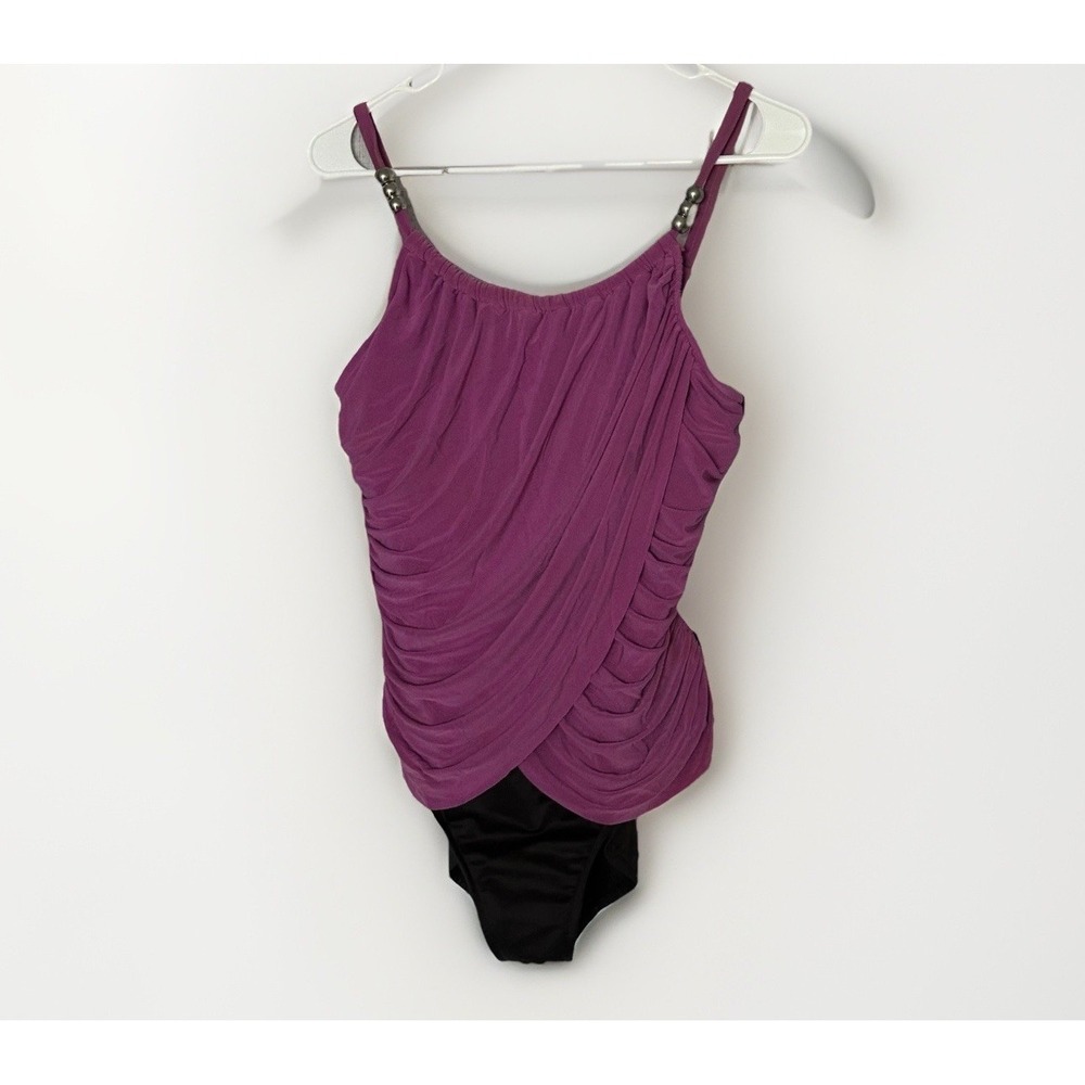 Magicsuit Ruched One Piece Swimsuit Purple Draped Tummy Control Beaded Strap S?‎